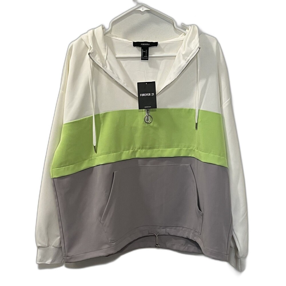 NWT Forever 21 Womens L Colorblock Half Zip Hooded Jacket White Lime Gray